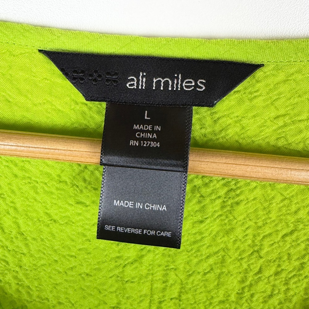 Ali Miles Womens Lime Green Textured Button Accent Roll Tab Sleeve Tunic Top L - Picture 5 of 9